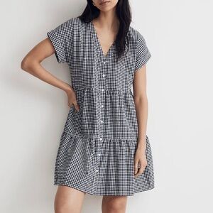 Madewell Button Front Tiered Mini Dress in Gingham Check Navy Size Medium